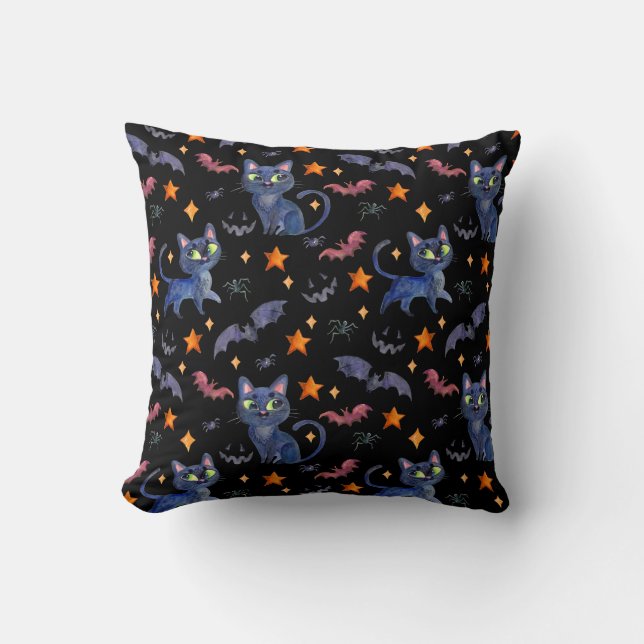 Coussin Illustration d'Halloween aquarelle avec chats noir (Recto)