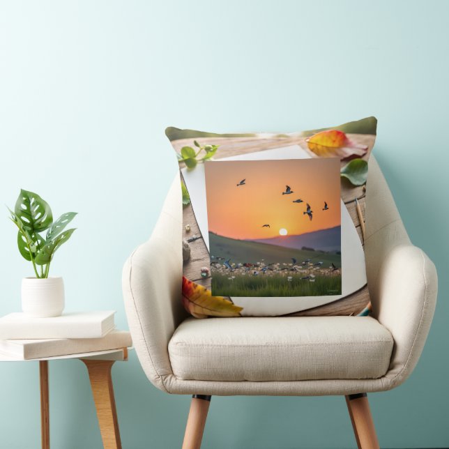 Coussin Illustration d'oiseaux au coucher du soleil sur fe (Chaise)