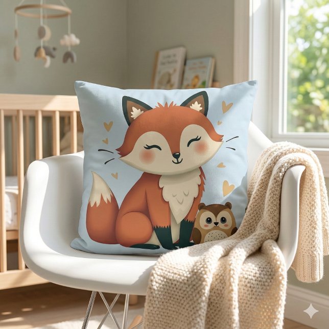 Coussin Illustration du bois mou du renard et de la chouet (Cute Fox and Owl Whimsical Woodland Illustration Throw Pillow Mockup A)