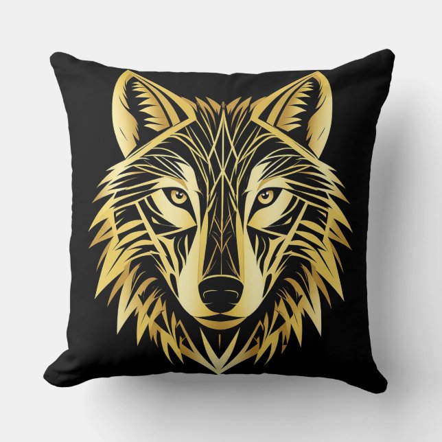 Coussin Illustration du loup géométrique d'or (Recto)
