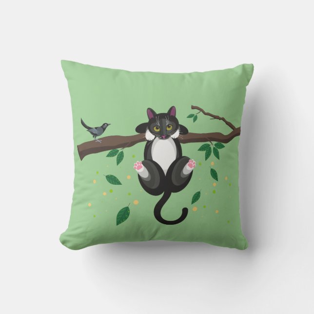 Coussin Illustration d'un chat noir et blanc en haut d'un  (Recto)