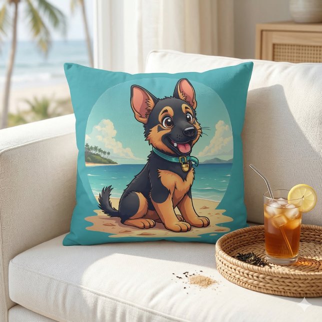 Coussin Illustration d'un chiot berger allemand mignon sur (Cute German Shepherd Puppy Beach Illustration Throw Pillow Mockup A)