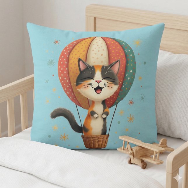 Coussin Illustration d'une aventure céleste d'un chat cali (Joyful Calico Cat Sky Adventure Illustration Throw Pillow Mockup A)