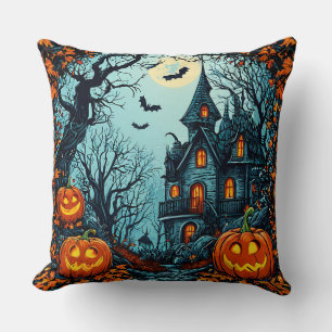 Coussin Illustration d'une maison hantée avec des Jack-O-L