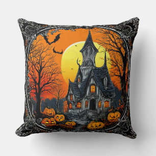 Coussin Illustration d'une maison hantée avec des Jack-O-L
