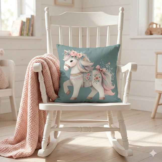 Coussin Illustration Fantastique de Cheval aux Pastels Flo (Floral Pastel Horse Fantasy Illustration Throw Pillow Mockup A)
