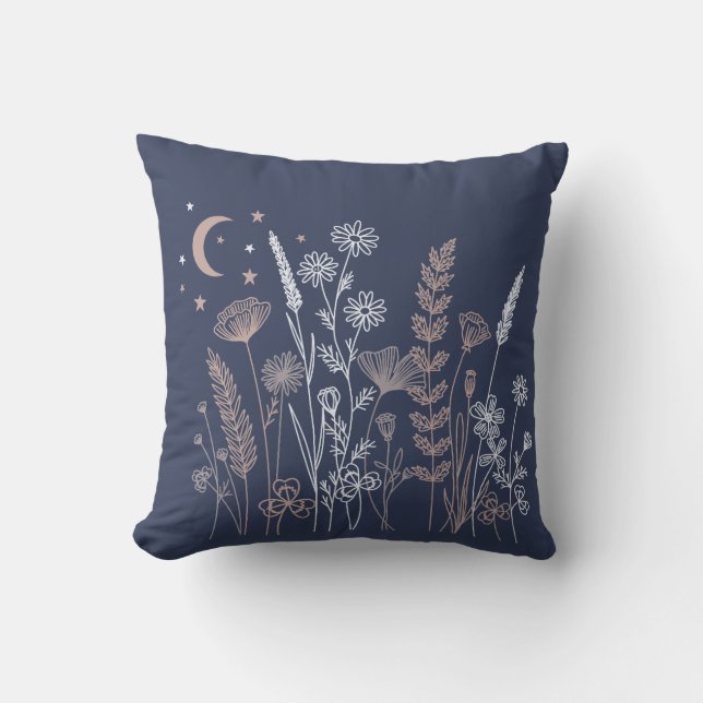 Coussin Illustration florale de ciel nocturne Boho – Lune, (Recto)