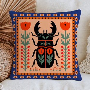 Coussin Illustration florale de coléoptère d'art folkloriq