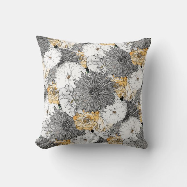 Coussin Illustration florale mignonne jaune et gris (Recto)