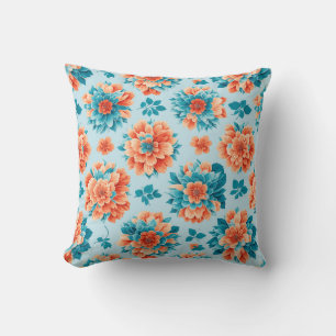 Coussin Illustration florale orange et bleu intense