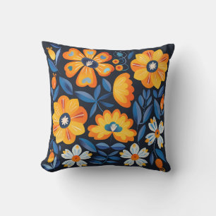 Coussin Illustration florale rétro audacieuse en orange et