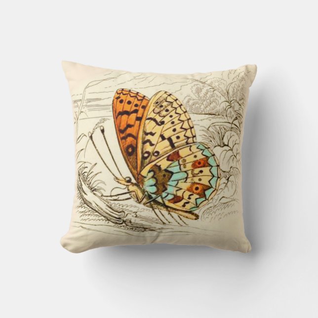 Coussin Illustration papillon vintage, orange et beige (Recto)
