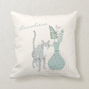 Coussin Illustration personnalisée de chat mignon et de fl