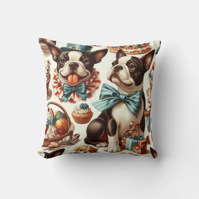 Coussin Illustration Retro Cute Boston Terrier (Recto)
