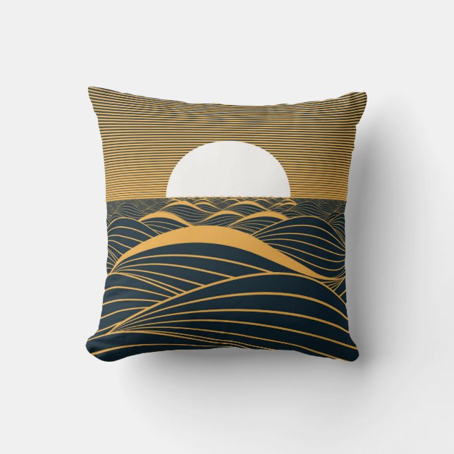 Coussin Illustration stylisée du soleil-lune, mer sombre. (Recto)