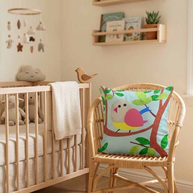 Coussin Illustration Texturée d'Oiseau Fantaisiste dans un (Créateur téléchargé)