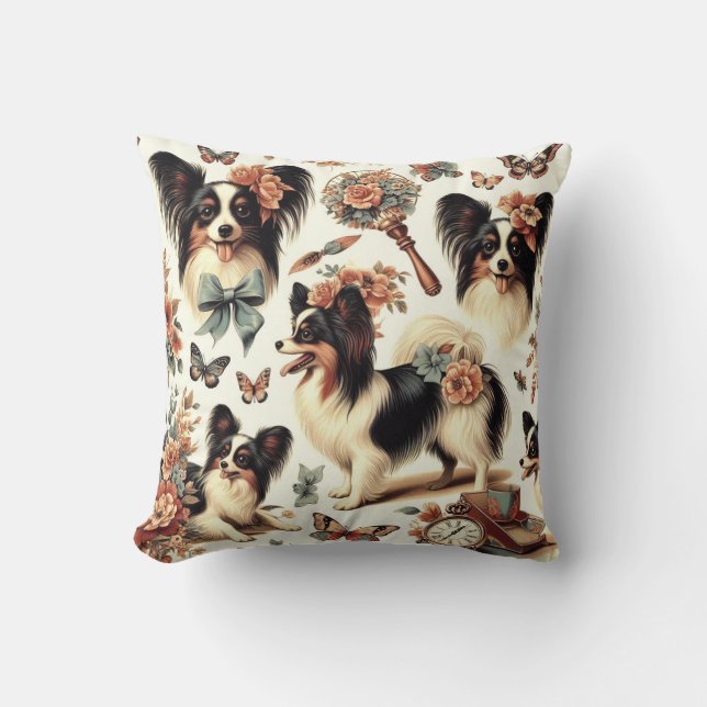 Coussin Illustration Vintage de chien Papillon (Recto)