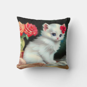 Coussin Illustration vintage de Kitten blanc avec fleurs r