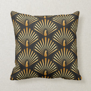 Coussin Illustration vintage de paon doré en ba noir