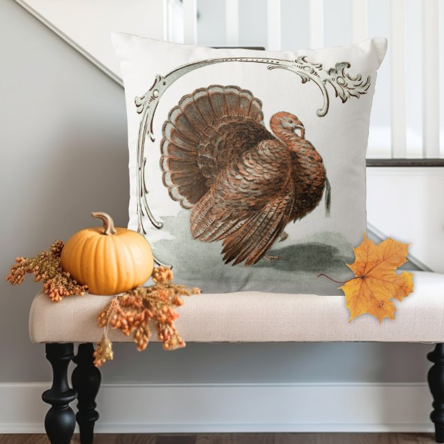 Coussin Illustration vintage de Thanksgiving Turkey (Vintage Thanksgiving Turkey Illustration Throw Pillow in Autumn WaterColors)