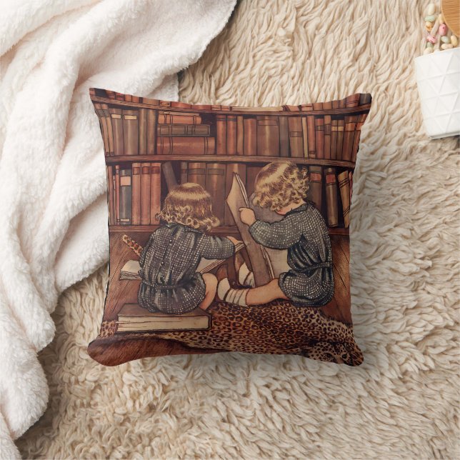 Coussin Illustration vintage d'enfants lisant à la bibliot (Couverture)