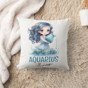 Coussin Image d'aquarelle mignonne Aquarius Nom du zodiaqu