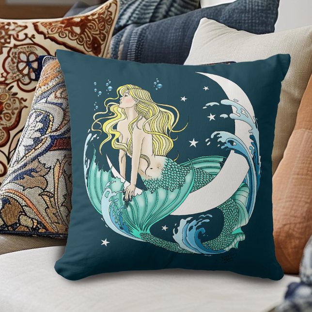 Coussin Imaginaire Art déco de la lune de sirène de Blonde (Créateur téléchargé)