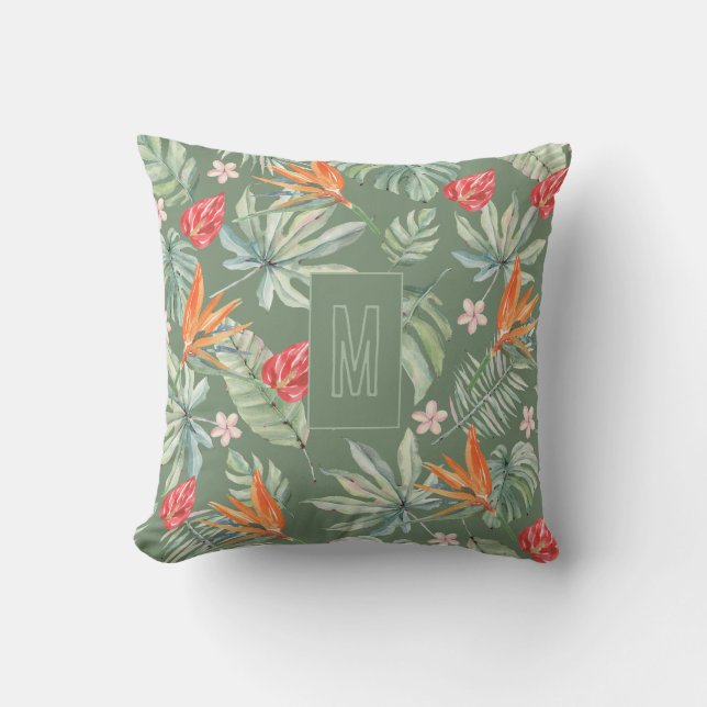 Coussin Imaginaire de feuillage de fleurs tropiques avec M (Recto)