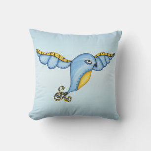 Coussin Imaginaire fantaisie bleu Oiseau jaune Accents