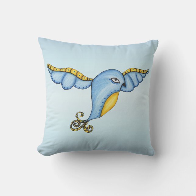 Coussin Imaginaire fantaisie bleu Oiseau jaune Accents (Recto)