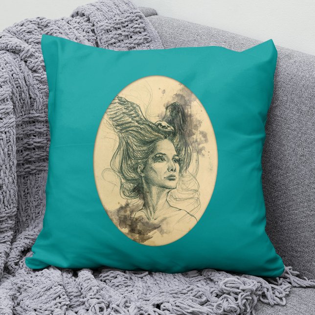 Coussin Imaginaire Femme face crâne d'oiseaux Ailes Art su (Créateur téléchargé)