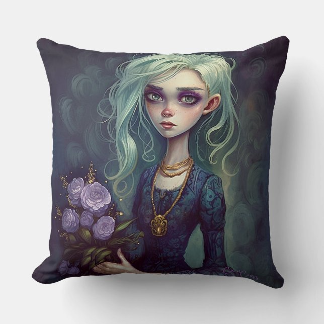 Coussin Imaginaire fille en vert, Déplaisant mignon Coussi (Recto)