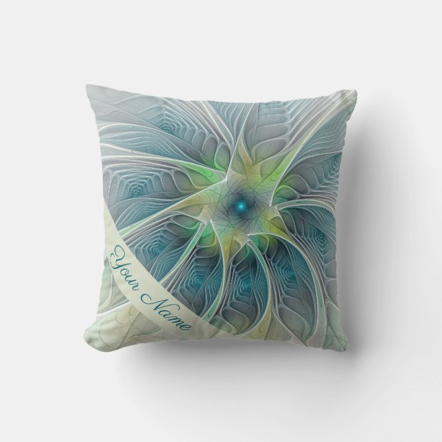 Coussin Imaginaire fleuri Art moderne Bleu Vert Fleur Nom (Recto)
