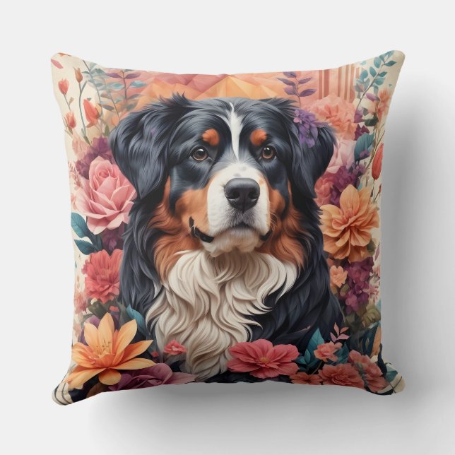 Coussin imaginaire floral 3D Bernese Mountain Dog Birds Vi (Verso)