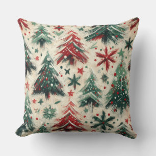 Coussin Impasto Red and Green Christmas Trees Collage