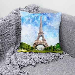 Coussin Impression aquarelle de la Tour Eiffel sur la silh