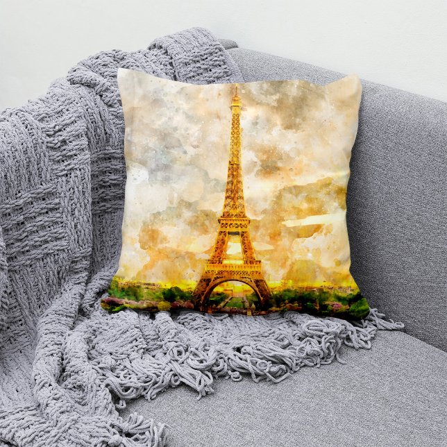 Coussin Impression artistique aquarelle du coucher de sole (Paris Eiffel Tower Watercolor Sunset Art Print. Throw Pillow)