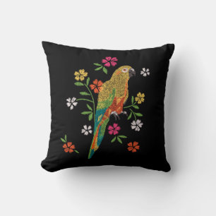 Coussin Impression broderie perroquet rouge jaune rose flo