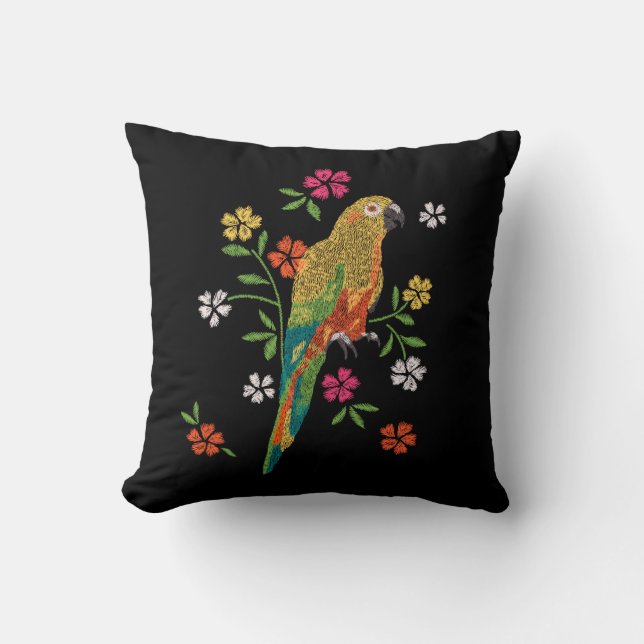 Coussin Impression broderie perroquet rouge jaune rose flo (Recto)