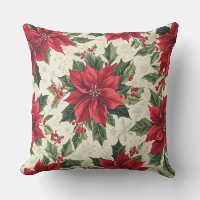 Coussin Impression classique de Noël rouge vert Poinsettia (Recto)