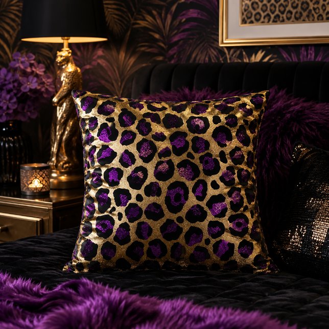Coussin Impression d'animaux à motif léopard or et violet (Créateur téléchargé)