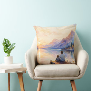 Coussin Impression d'art aquarelle du lac Père et Fils