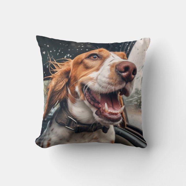 Coussin Impression d'art de chien excité en voiture sous l (Recto)