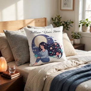 Coussin Impression d'art de femme céleste Suivez vos étoil