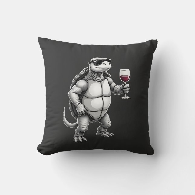 Coussin impression d'art de tortue cool buvant du vin roug (Recto)