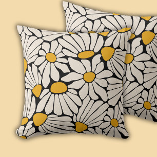 Coussin Impression de bloc jaune noir rétro floral