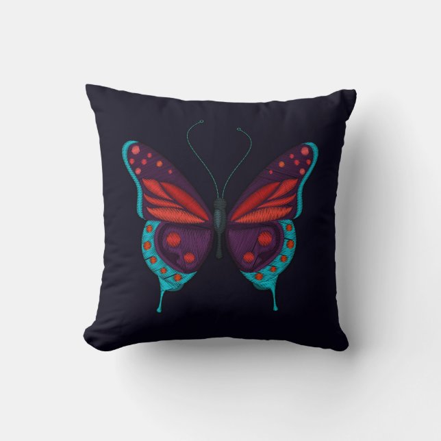 Coussin Impression de broderie papillon rouge bleu violet  (Recto)