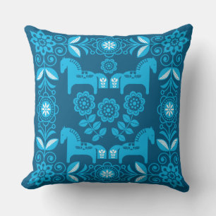 Coussin Impression de cheval suédois Dala bleu