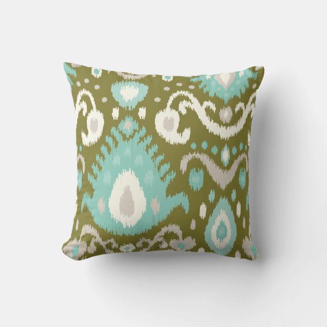 Coussin Impression d'Olive et d'Aqua Ikat (Recto)