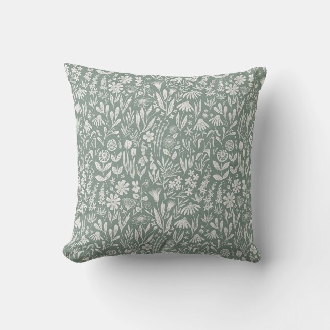 Coussin Impression fleur sauvage - vert sauge (Recto)